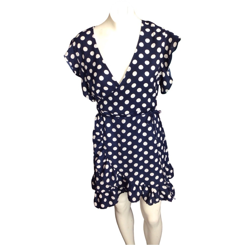 Elegant Navy Polka Dot Mini Babydoll Dress Size small